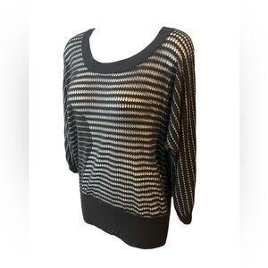 Black Open Knit 3/4 Sleeve Shimmery mesh Top dolman sleeve XS